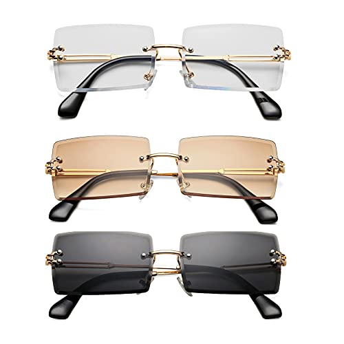Rectangle Sunglasses for Men/Women Small Rimless Square Shade Eyewear (Tea + White + Black)…