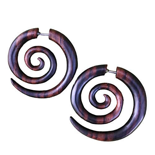UMBRELLALABORATORY Natural Wooden Tribal Organic Boho Gothic Earrings Wood Stud Spiral Earrings for Women Men Black, Brown, White Hypoallergenic Emo Hippie Earring