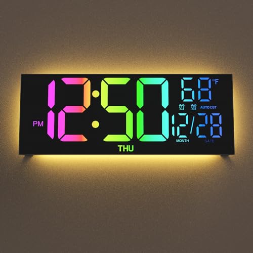 YISILE Digital Wall Clock Large Display, 13' Large Digital Wall Clock with RGB Color Changing Remote Control, Automatic Brightness Dimmer Big Clock with Night Lights, Auto DST, Date Week,Temperature