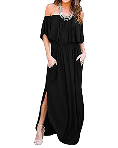 LILBETTER Womens Off The Shoulder Ruffle Party Dresses Side Split Beach Maxi Dress (01Black,Medium)