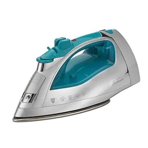 Sunbeam Steammaster 1400 Watt Iron with 8' Retractable Cord, Large Anti-Drip Nonstick Stainless Steel Soleplate, Horizontal or Vertical Shot of Steam and 3-Way Auto Shut-Off, Chrome/Teal