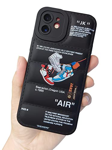Ins Off Sports Shoes Brand Puffer Phone Case Puffy Cover Compatible with iPhone 12 6.1 inch, Sneakers White Label Pattern Graphics Soft Silicone Full Body Shockproof Protective Phone Case, Black
