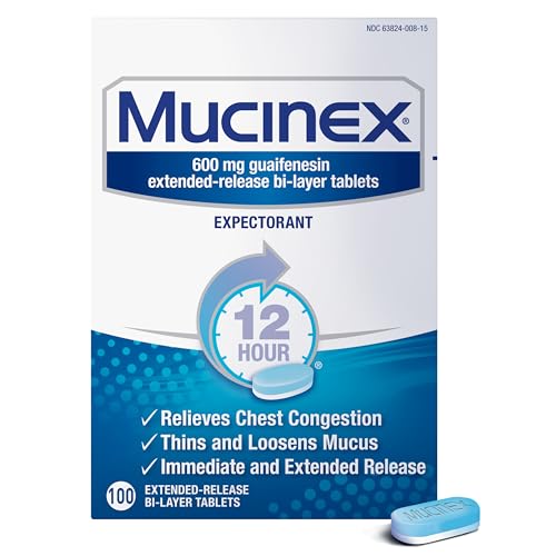 Mucinex 12 Hour Extended Release Tablets, 600 mg Guaifenesin - Chest Congestion Relief, Thins and Loosens Mucus, 100 Count
