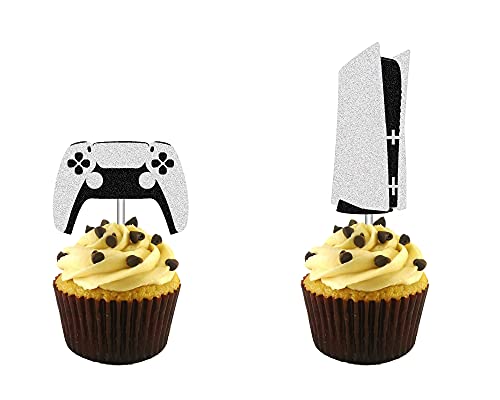 Video Game Controllers Cupcake Toppers for Game Themed Party Decor, PS5 Gamepad Cupcake Toppers for Boy Men Birthday Party Decoration or Baby Shower, 24pcs