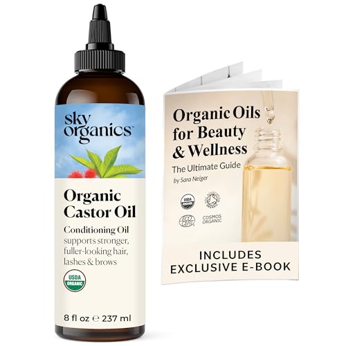 Sky Organics - 8 oz Organic Castor Oil | 100% Pure Cold Pressed Castor Hair Oil for Scalp, Lashes, Brows | Natural Conditioner |Omega Fatty Acids |Vegan Hair Care | 8oz w/Exclusive Ebook
