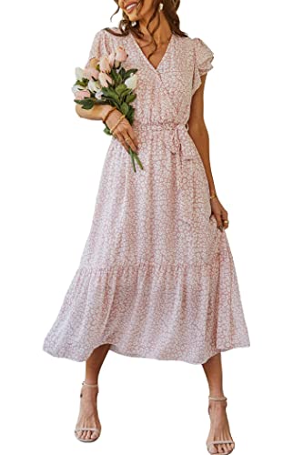 PRETTYGARDEN Women's 2024 Floral Boho Dress Wrap V Neck Short Sleeve Belted Ruffle Hem A-Line Flowy Maxi Dresses (Pink,X-Large)