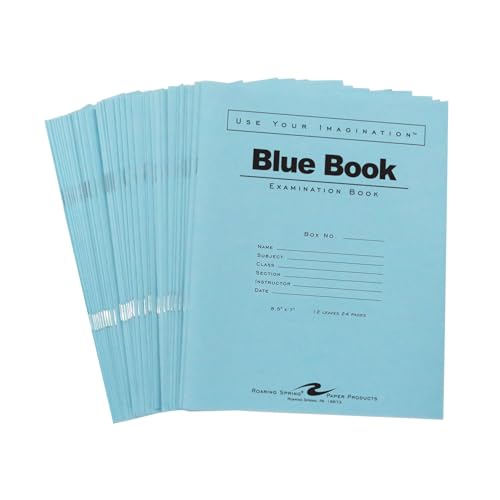 ROARING SPRING Exam Blue Books, 50 Pack, 8.5' x 7', 12 Sheets/24 Pages, Wide Ruled with Margin, Proudly Made in the USA