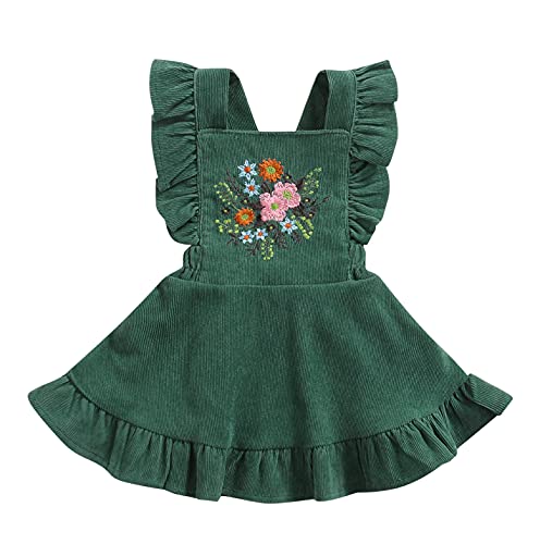 MERSARIPHY Baby Girls Suspender Dress Infant Embroidered Straps Skirt Overall Dresses Winter Fall Clothes (Green, 9-12 Months)