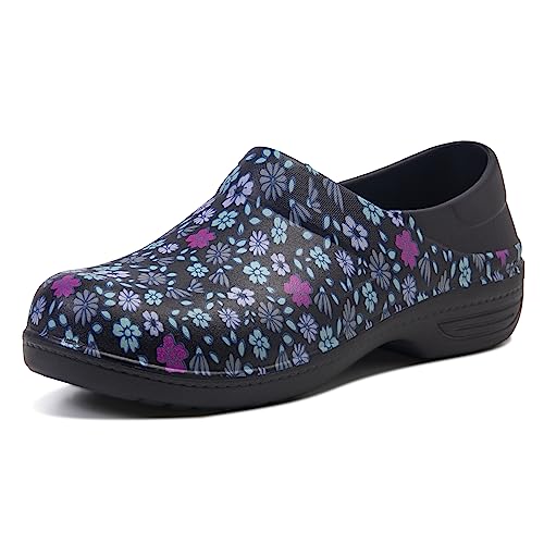 alcubieree Womens Slip Resistant Work Shoes Slip on Waterproof Clog for Nurse Healthcare Gardening Medical Kitchen Chef Cute Lightweight Black/Blue Print Size 7.5