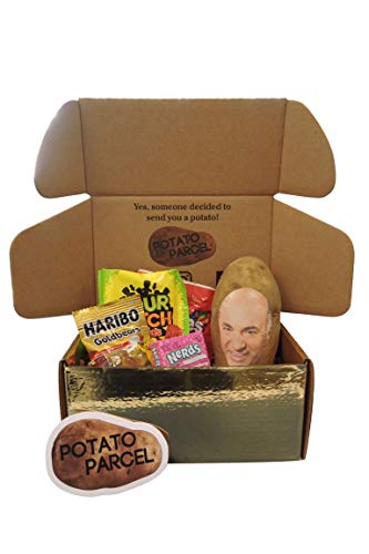 Classy Potato Gift Bundle - Your image and/or message on a real potato! Includes assorted candy and gold surprise gift box. As seen on Shark Tank!