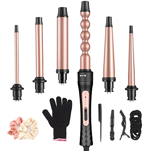 6 in 1 Curling Iron, Professional Curling Wand Set, Fast Heating Hair Curler with 6 Interchangeable Ceramic Barrels (0.35'' to 1.25'') for Women Quick Create Hairstyle in All Hair Type