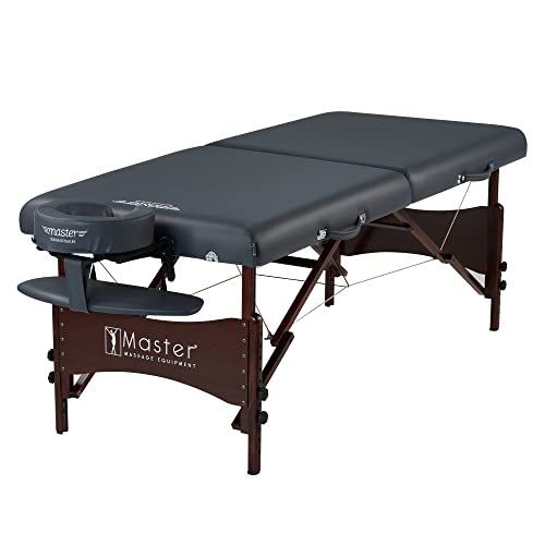 Master Massage Newport Portable Massage Table Package with Denser 2.5' Cushion, Walnut Stained Hardwood, Steel Support Cables, Pillows & Accessories, Royal Blue, 30'