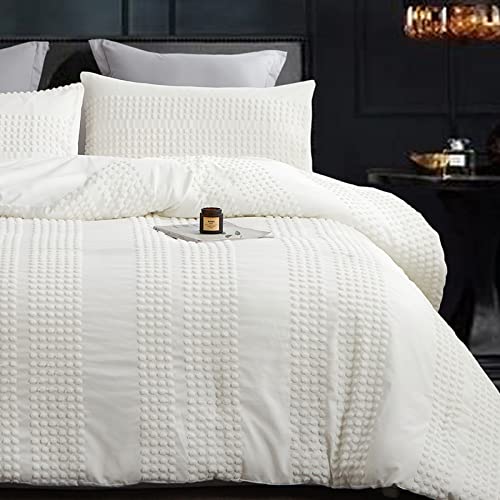 Cupocupa King Size Comforter Set;White Boho Tufted Lightweight Bedding Sets 3PCS Soft Jacquard Pom Pom Comforter with 2 Pillow Cases for All Season