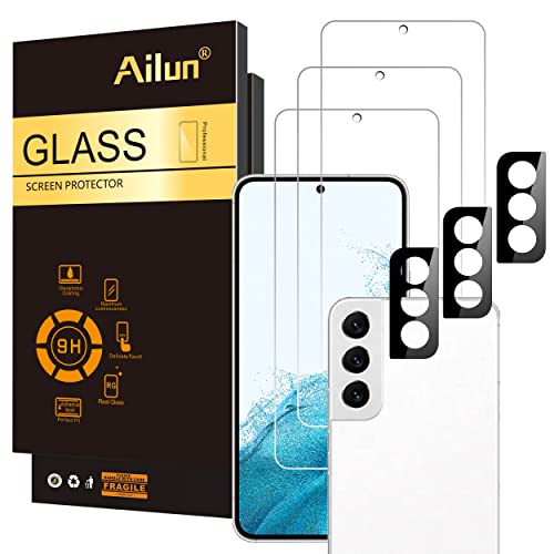 Ailun Tempered Glass Screen Protector for Galaxy S22 - 3 Pack Screen Protectors + 3 Pack Camera Lens Protectors - Fingerprint Unlock Compatible, Clear Case Friendly
