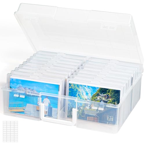 Lifewit Photo Storage Box 4x6 Photo Case, 18 Inner Photo Keeper, Clear Photo Boxes Storage with 1 Sheet Label Sticker, Seed Organizer Craft Storage Box for Cards Pictures Stamps Office Supplies