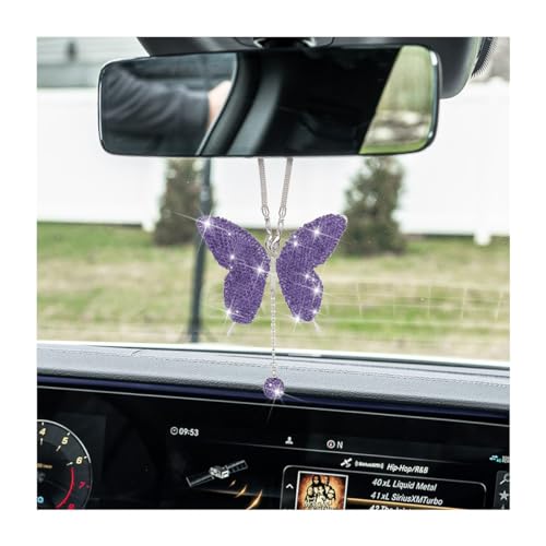 zipelo Bling Butterfly Diamond Car Accessories, Crystal Car Rear View Mirror Charms for Women, Car Decoration Lucky Gifts Hanging Interior Crystal Ornament Pendant Decor for All Cars (Purple)