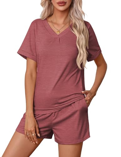 Ekouaer Pajamas Set Womens Short Sleeve V Neck Tee Top and Shorts Sleepwear 2 Piece PJ Sets,Wine,Large