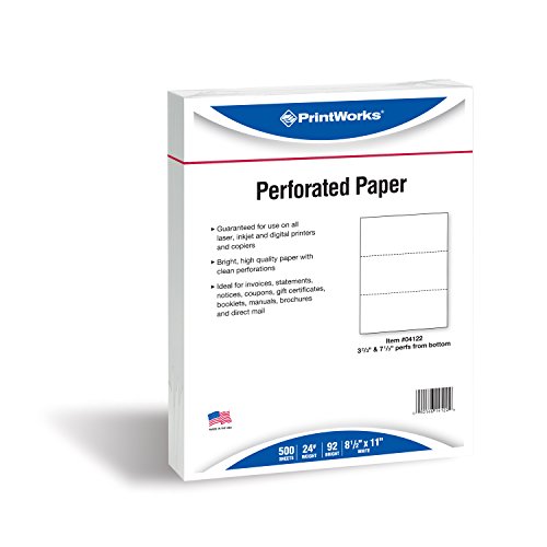 PrintWorks Professional Perforated Paper for Statements, Invoices, Gift Certificates, Coupons and More, 8.5 x 11, 24 lb, 2 Horizontal Perfs 3 2/3' and 7 1/3' From Bottom, 500 Sheets, White (04122)