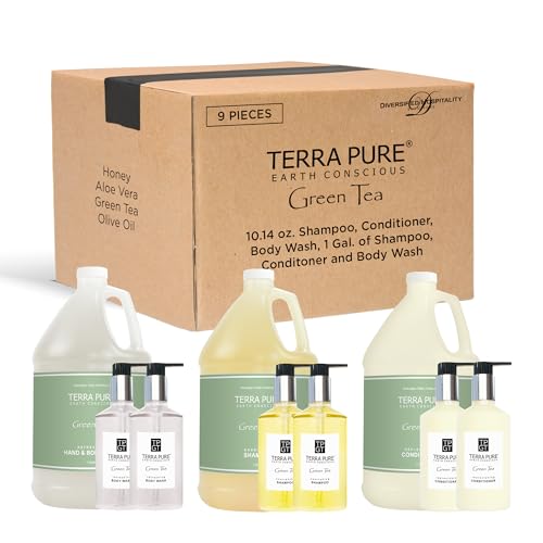 Terra Pure Gallon & Dispenser Set | 1-Shoppe All-In-Kit | Shampoo Conditioner Body Wash Gallon | Refillable 10.14 oz. Matching Pump Bottles