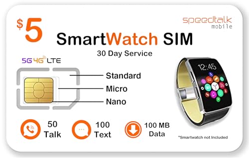 SpeedTalk Mobile $5 Smart Watch SIM Card Kit for 5G 4G LTE GSM Smartwatches Activity Fitness Wearables | Preloaded 3 in 1 Simcard - Standard Micro Nano | No Contract | USA Coverage 30 Days Service