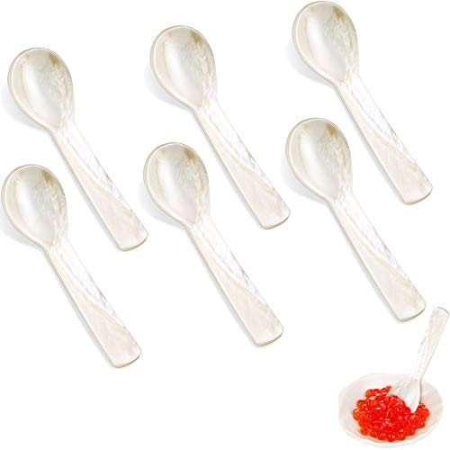 Caviar Spoons Mother of Pearl MOP Caviar Spoons with Hand Craft W Round Handle for Caviar, Egg, Ice Cream, Salt, Coffee Serving, Restaurant Serving Set (6 Pieces, 3.55 Inch)