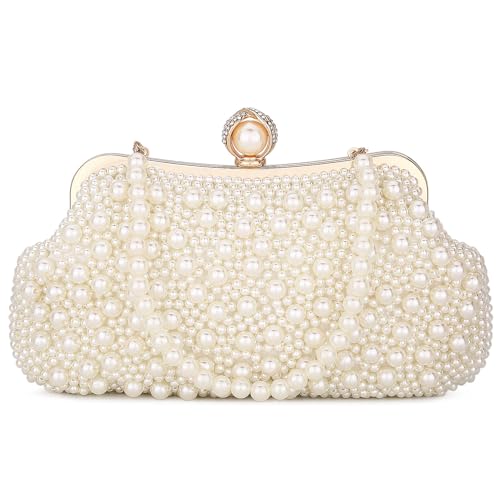 UBORSE Women Pearl Clutch Bead Rhinestone Evening Clutch Bag with removable Pearl Chain Ivory White