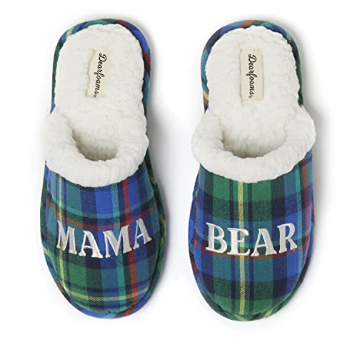 Dearfoams Women's Gifts for Mom Cute Cozy Mothers Day Mama Bear Slipper, Green Plaid, 9-10