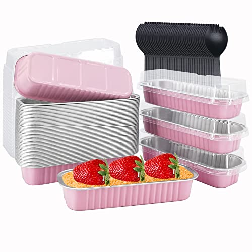 LNYZQUS Mini Loaf Pans With Lids 50 Pack, 6.8oz Rectangle Aluminum Foil Baking Pans Tins Containers,Disposable Ramekins Baking Cups Muffin Tins Cupcake Cups For Mini Cake Bread Loaf -Pink