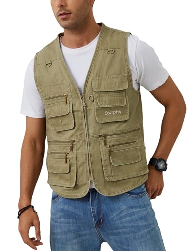 Gihuo Men's Fishing Vest Casual Utility Travel Safari Cargo Outdoor Work Photo Fly Vest Jacket with Multi Pockets (X-L, Beige)