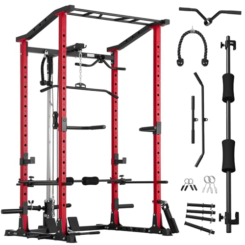 ER KANG Power Cage, Power Rack with LAT Pulldown, Multi-Functional Squat Rack, Squat Cage with More Training Attachments for Home Gym, C3 Versions