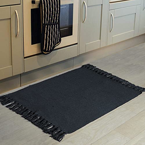 Seavish Black Kitchen Rug, 2x3 Cotton Hand Woven Recycled Throw Rug Runner Braided Entryway Floor Mat for Laundry Room Bathroom Bedroom Dorm