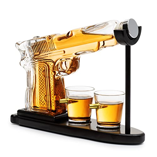 The Wine Savant Gifts for Men Dad Whiskey Decanter Set 9 Oz with Two 2 Oz Glasses, Pistol Gun Birthday Gift, Home Bar Gifts, Drinking Accessories Funny Military Present Cool Dispenser