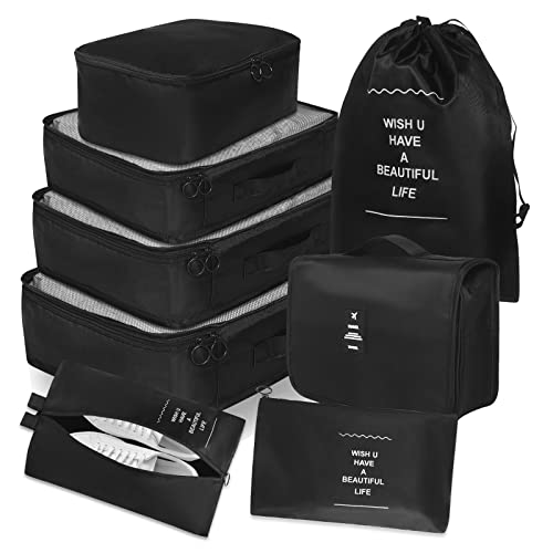 Packing Cubes for Travel, AVITORO 8 Set Travel Packing Cubes for Suitcases Lightweight Travel Essential Bag with Toiletries Bag for Clothes Shoes Cosmetics Toiletries, For 18-32'' luggage (Black)