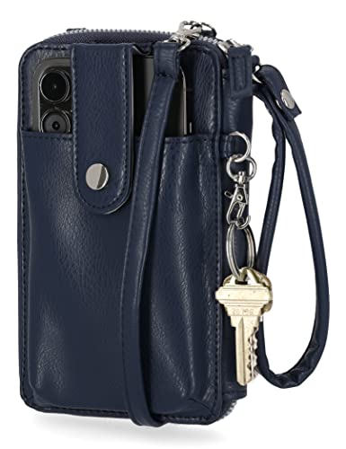 Mundi Jacqui RFID Blocking Crossbody Wallet Bag for Women, Compact Travel-Size Cell Phone Holder Purse - Vegan Leather, Navy