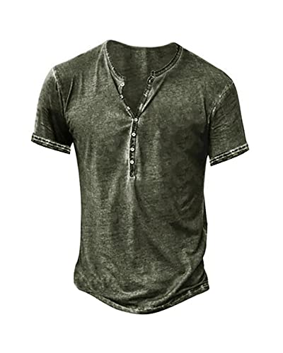 Mens Distressed Henley Shirts Front Placket Retro Short Sleeve Tee Shirts Casual Button Down Washed T-Shirts for Men