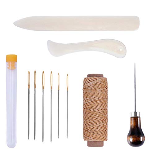 11 Pieces Bookbinding Kit Starter Tools Set Bone Folder Paper Creaser, Waxed Thread, Awl, Large-Eye Needles for DIY Bookbinding Crafts and Sewing Supplies