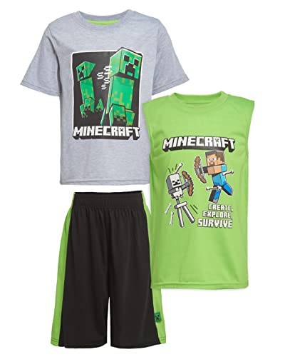 Minecraft Boys Creepers 3 Piece T-Shirt Tank Top Short Set (Gray Heather, 10-12)