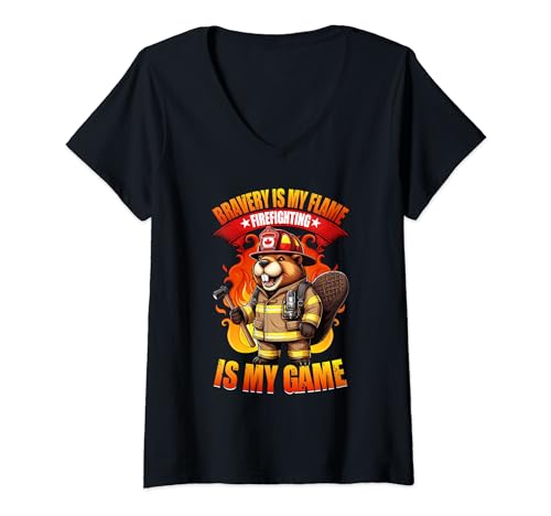 Womens Bravery is My Flame, Firefighting is My Game Firefighter V-Neck T-Shirt