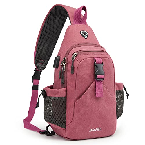 G4Free Canvas Sling Bag Crossbody Backpack with USB Charging Port & RFID Blocking, Hiking Daypack Chest Bag for Women Men(Pink)