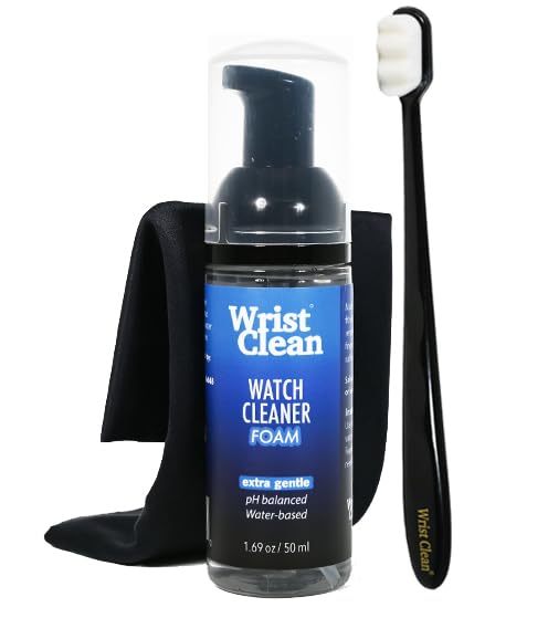 WRISTCLEAN Essential Watch Cleaning Kit – Cleans & Beautifies Watches and Rubber Straps – Foam 50ML Bottle, 4oz Watch Cleaner Refill, 1 Ultra-Daily Cloth 10'x10', 1 Ultra-Drying Cloth 10'x10', 1 Pouch
