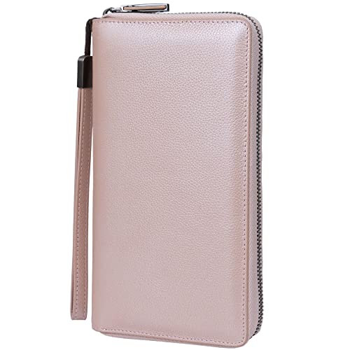 Bveyzi Women RFID Blocking Wallet Leather Zip Around Phone Clutch Large Capacity Ladies Travel Purse Wristlet (Rose Gold)