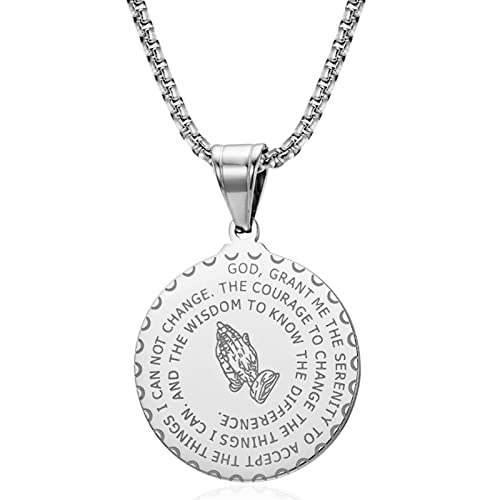 Yaumatea Serenity Prayer Necklace with Praying Hands Coin Pendant for Men Women Lords Prayer Bible Verse Courage Wisdom Stainless Steel (Silver)