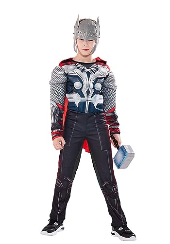 Boys Super Hero Costume Muscle Suit with Helmet Childs Red Cloak Jumpsuit Hammer Outfit 3 Pcs Sets Deluxe Suit