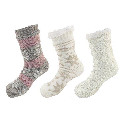 Soft Cozy Fuzzy Cabin Fleece-lined Knitted Crew Socks, Assortment D, 3 Pairs