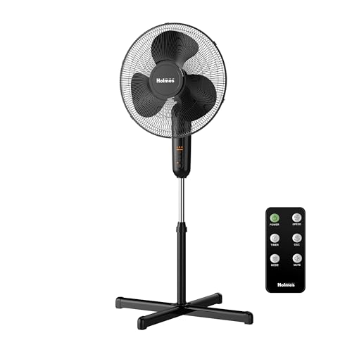 HOLMES 16' Digital Stand Fan, 80° Oscillation, 3 Speeds, 3 Modes, 7.5 Hour Timer, Adjustable Height, 30° Adjustable Head Tilt, Ideal for Home, Bedroom or Office, Remote Control, Black