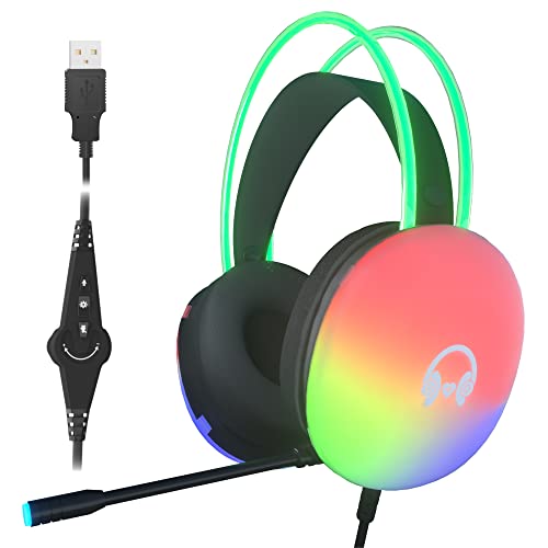 UBOTIE Wired Gaming Headset, 7foot Long Cable USB Headphones with Full RGB Earmuffs LED Headband, Game Sound Tech Headphones for PC MOBA FPS Games(Black)