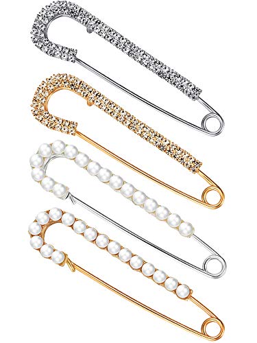 Women Brooch Pins Sweater Shawl Clips Faux Crystal Pearl Brooches Safety Pins Dress Shirt Clips for Women Gold Silver (4 Pieces)