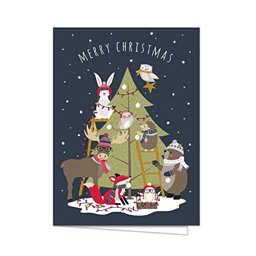 All Together Christmas Cards / 25 Forest Animals Holiday Greeting Cards / 4 5/8' x 6 1/4' Woodland Animal Merry Christmas Evergreen Tree Note Cards With Inside Verse