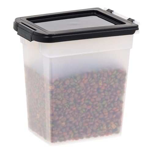 IRIS USA 10 Pound Dog Food Storage Container with Airtight Seal and Buckle, Cat Food, Bird Seed or Any Pet Food Bin, Easy 1 Hand Opening Hinged Lid, Versatile, Space Saving Compact Size, Clear/Black