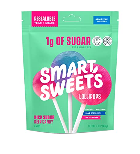 SmartSweets Lollipops, 3oz, Blue Raspberry & Watermelon Flavors, Hard Candy with Low Sugar (1g), Low Calorie (40), No Artificial Sweeteners, Plant-Based, Gluten-Free